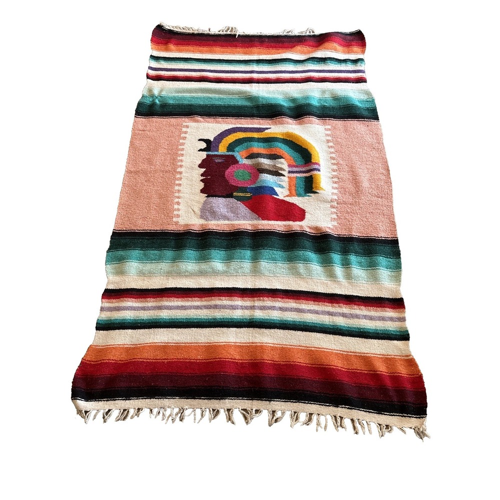 Handmade Woven Aztec Warrior Blanket Fringe Throw Wall Hanging Mexican 75x43 - Picture 7 of 7
